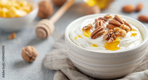 Creamy Yogurt Bowls With Honey and Walnuts on Light Background