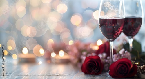 Romantic Evening With Red Wine and Rose Petals at Night