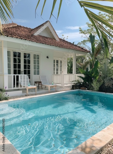 Charming White Cottage With Pool Surrounded by Lush Greenery on a Sunny Day