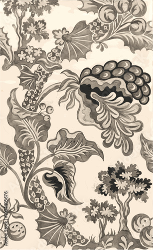  vintage black and white hand-drawn floral illustration featuring large, stylized leaves and flowers.