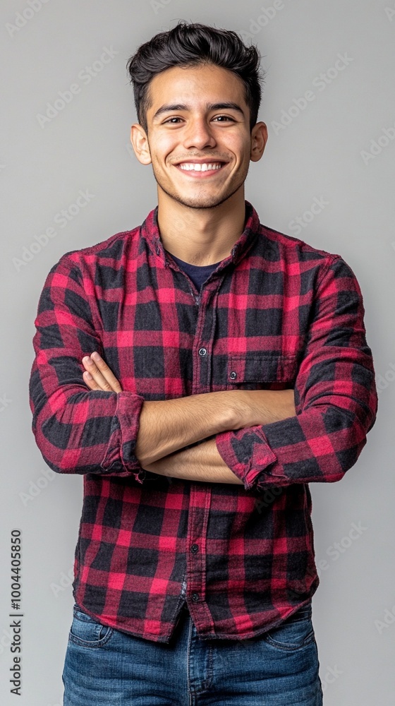 Confident young man in red plaid shirt and jeans smiles brightly at camera, arms crossed, exuding warmth and approachability against neutral background. Confident young man in red plaid shirt and jeans smiles brightly at camera, arms crossed, exuding warmth and approachability against neutral background.