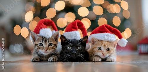 Three Adorable Kittens in Santa Hats Celebrating Christmas With Holiday Cheer