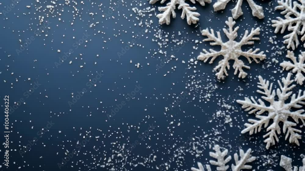 White snowflakes are lying on a dark blue background with fake snow sprinkled around, creating a festive winter holiday backdrop White snowflakes are lying on a dark blue background with fake snow sprinkled around, creating a festive winter holiday backdrop