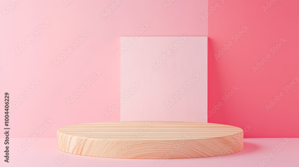 A minimalist display featuring round wooden platform against soft pink backdrop, creating serene and modern aesthetic perfect for showcasing products or art A minimalist display featuring round wooden platform against soft pink backdrop, creating serene and modern aesthetic perfect for showcasing products or art