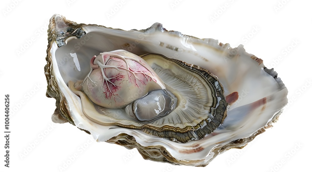 Naklejka premium Anatomy cross section showing heart and eyes inside an oyster, on a white background