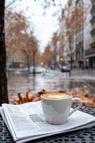 Coffee on a table beside a newspaper in a rainy street setting during early m...