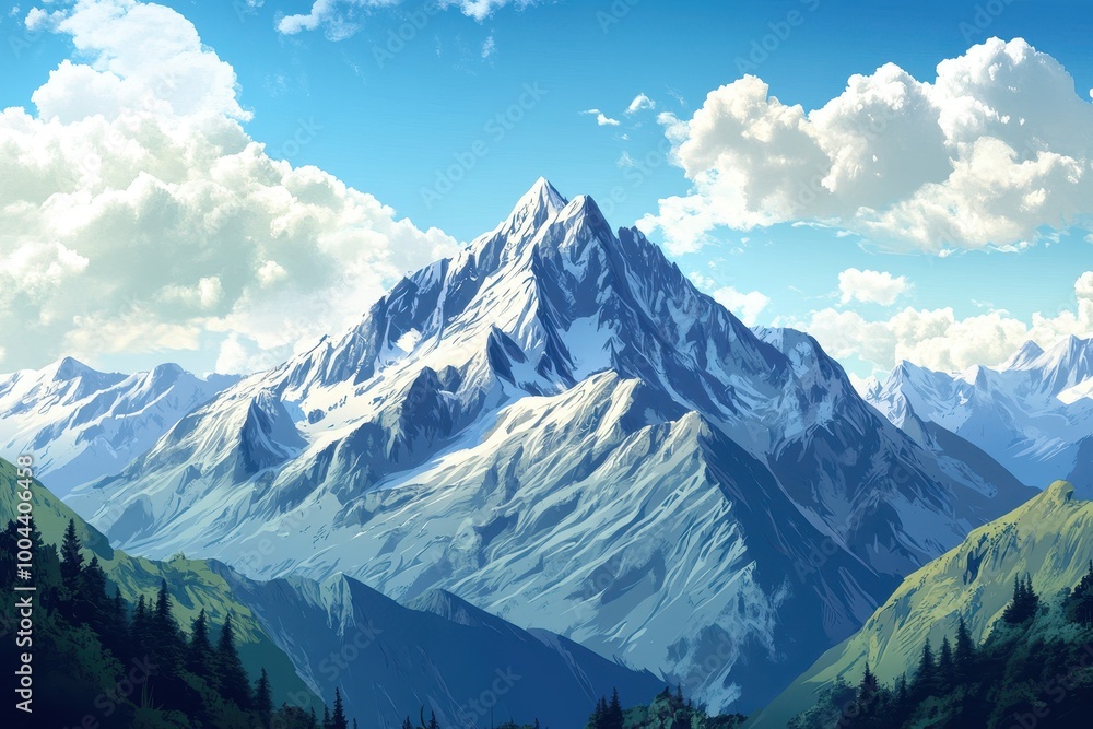 Fototapeta premium Majestic Snow-Capped Mountain Peak with Lush Forested Slopes Under a Blue Sky with White Clouds