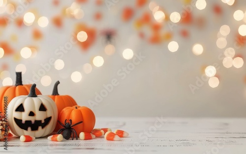 Festive Halloween Decorations With Pumpkins and Candy Corn on a Table