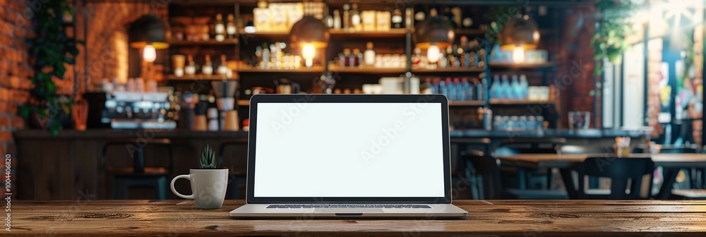 Modern laptop with blank white screen on wooden table in cozy cafe interior, blurred bar background with bottles and warm lighting atmosphere. Modern laptop with blank white screen on wooden table in cozy cafe interior, blurred bar background with bottles and warm lighting atmosphere.