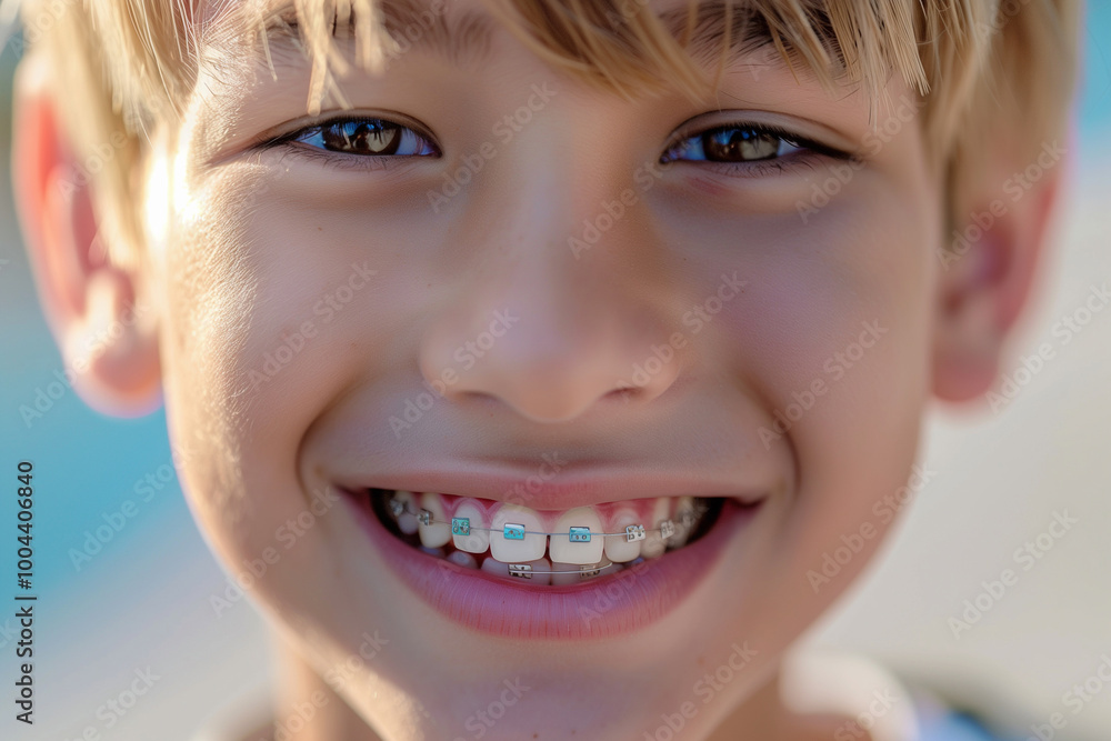 Teenage blond boy with braces smiling mouth close up, concept of modern dentistry Teenage blond boy with braces smiling mouth close up, concept of modern dentistry