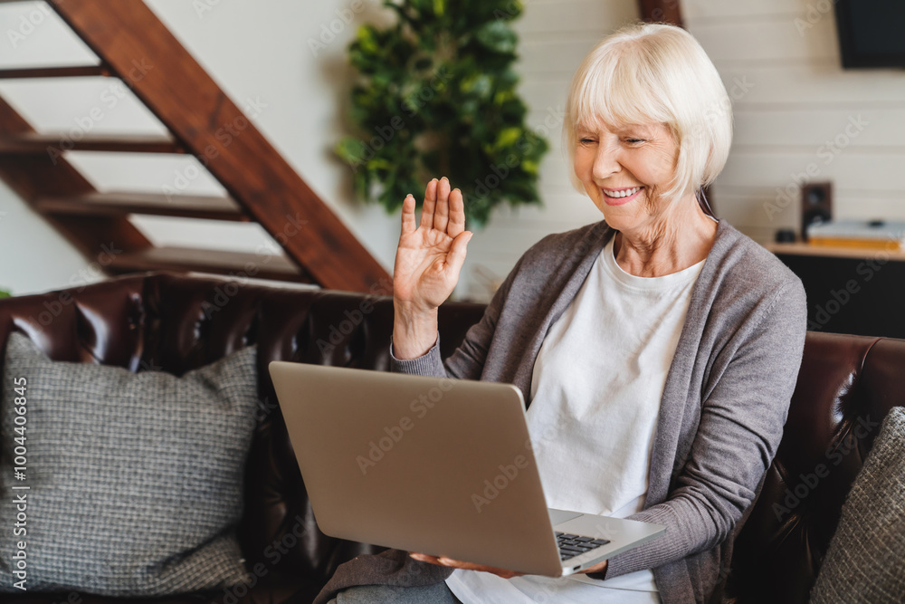 Smiling senior caucasian woman sitting on couch wave talk on video call on laptop Smiling senior caucasian woman sitting on couch wave talk on video call on laptop