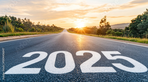 Wallpaper Mural A scenic road stretches into horizon, marked with year 2025, as sun sets in background, creating serene and hopeful atmosphere Torontodigital.ca