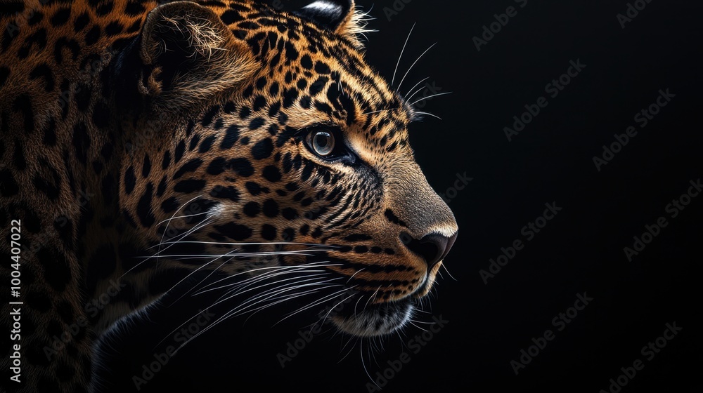 Obraz premium Intense close-up of a leopard piercing gaze against a black backdrop, showcasing the raw power of wildlife.
