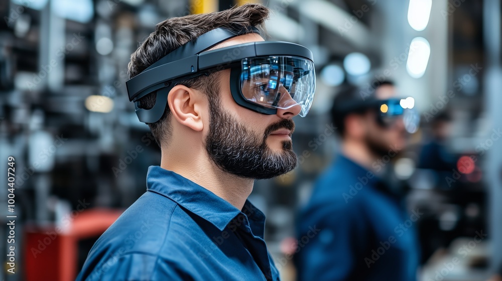 Workers using augmented reality glasses in a high-tech manufacturing facility during afternoon shift for enhanced productivity Workers using augmented reality glasses in a high-tech manufacturing facility during afternoon shift for enhanced productivity