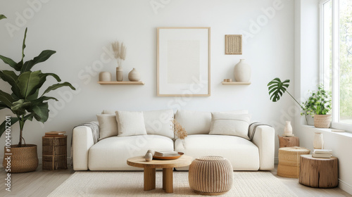 A cozy and modern living room featuring light colored sofa, natural decor, and greenery. space is bright and inviting, perfect for relaxation and comfort