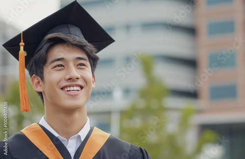 Graduation ceremony with a smiling student in a cap and gown outdoors