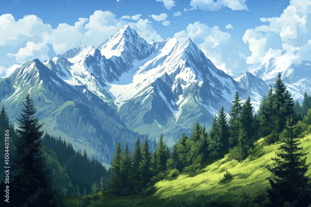 Obraz premium Majestic Snow-capped Mountains with Lush Green Forest