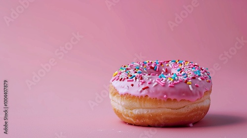 Delectable pink-frosted donut adorned with colorful sprinkles sits temptingly on a soft pink background, offering a sweet treat for indulgent moments. photo