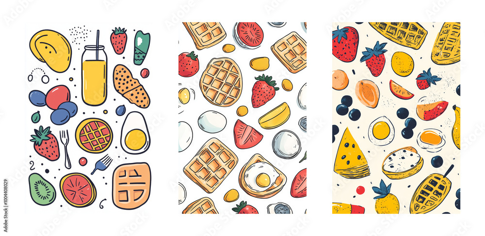 Colorful breakfast pattern collection featuring fruits waffles and juice in a playful cartoon style Colorful breakfast pattern collection featuring fruits waffles and juice in a playful cartoon style