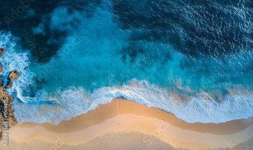 Serene coastline with turquoise waters and sandy beach at sunrise