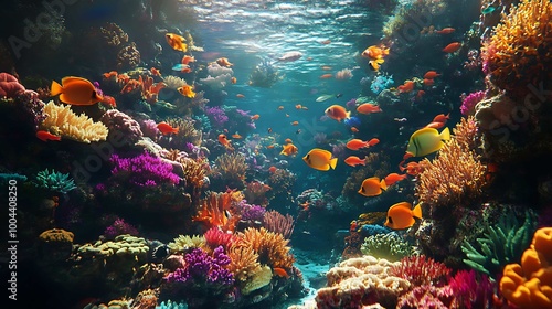 Vibrant Coral Reef, Sunlight Underwater, Colorful Fish.