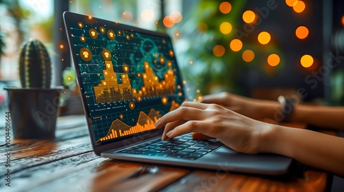 person types on a laptop from which arrows rise, columns of trade indices and data