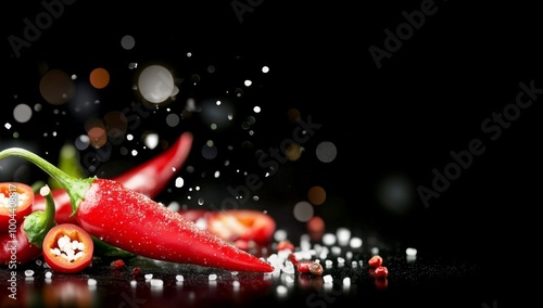 Fresh red chili pepper with colorful spices and salt on a dark background