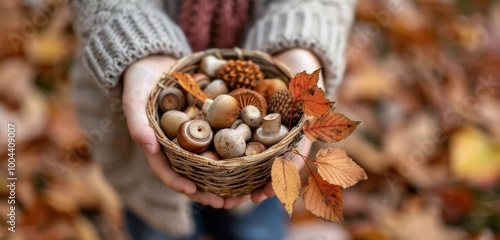 Person Holding Woven Bowl With Acorns and Autumn Leaves in Forest