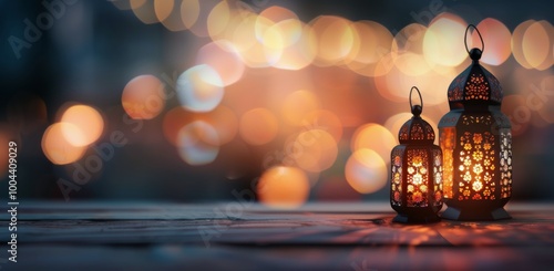 Decorative Lanterns on Wooden Surface With Blurred Bokeh Lights at Dusk
