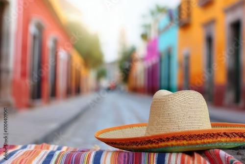 Straw Hat on Colorful Blanket in Mexico