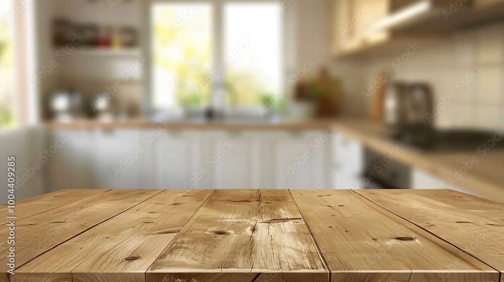Rustic wooden tabletop in foreground with blurred modern kitchen interior, combining natural textures with contemporary design for a warm, inviting atmosphere. Rustic wooden tabletop in foreground with blurred modern kitchen interior, combining natural textures with contemporary design for a warm, inviting atmosphere.