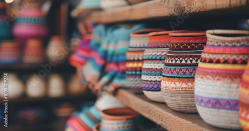 Colorful Handcrafted Pottery Displayed at a Market Stall in a Vibrant Artisan Village