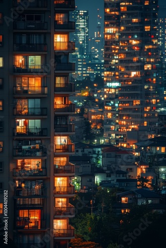 City skyline at dusk with illuminated apartment windows surrounded by trees