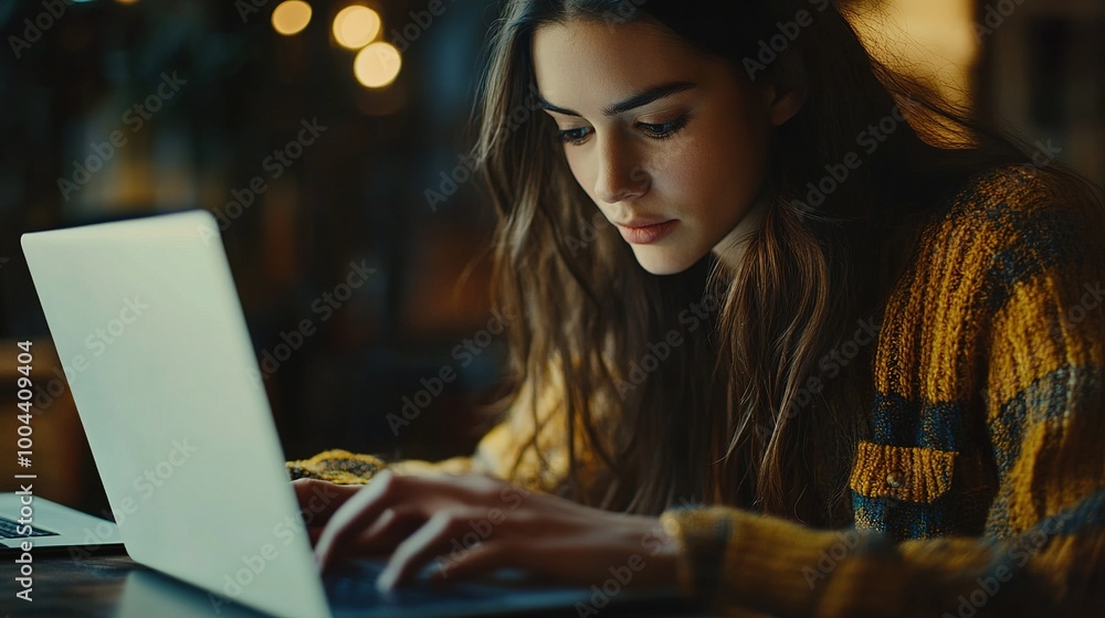 Focused Woman Working on Laptop at Night Focused Woman Working on Laptop at Night