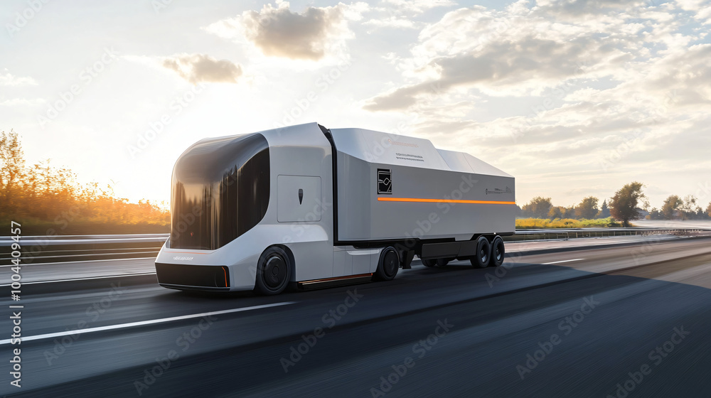 Obraz premium A self-driving truck transporting goods on a highway. 