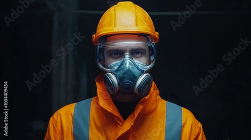 Close-up portrait of a worker in bright orange protective suit, yellow hard hat, and full-face respirator mask against dark background, symbolizing safety in hazardous environments. photo