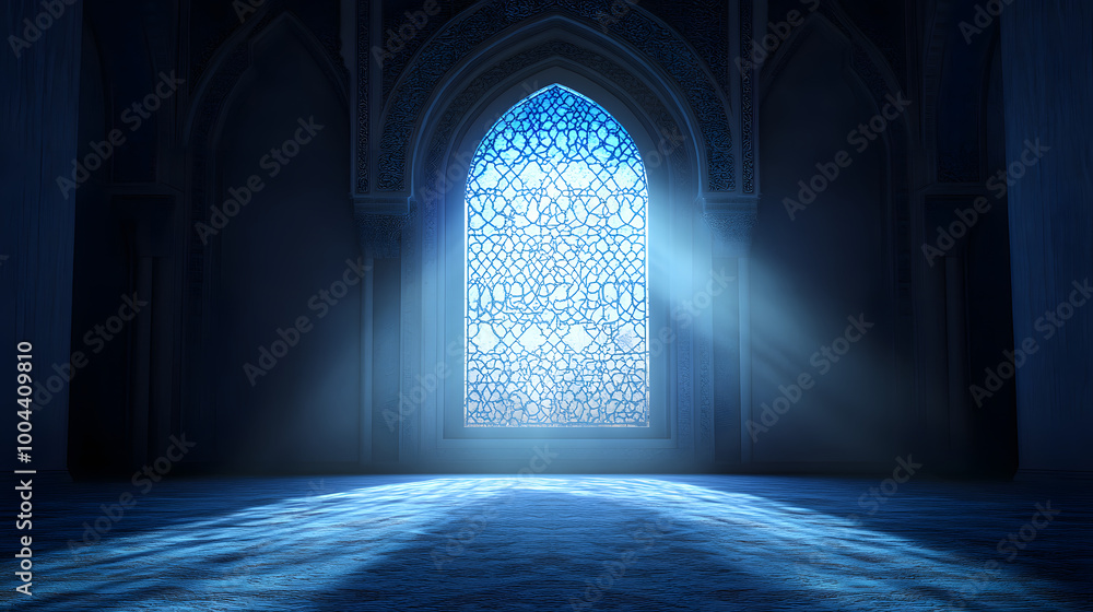 Moon light shine through the window into islamic mosque interior. Ramadan Kareem islamic background. 3d render illustration Moon light shine through the window into islamic mosque interior. Ramadan Kareem islamic background. 3d render illustration