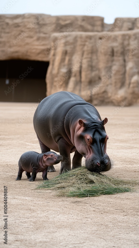 A baby hippopotamus shares a meal of fresh grass with its gentle mother in their outdoor zoo enclosure, enjoying the sunny weather together A baby hippopotamus shares a meal of fresh grass with its gentle mother in their outdoor zoo enclosure, enjoying the sunny weather together