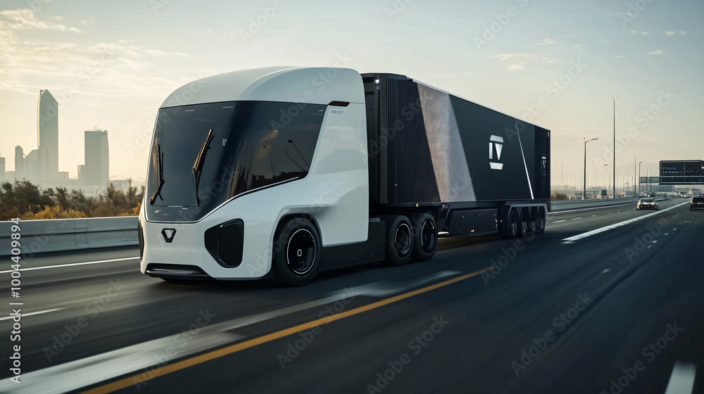 A self-driving truck transporting goods on a highway. A self-driving truck transporting goods on a highway.