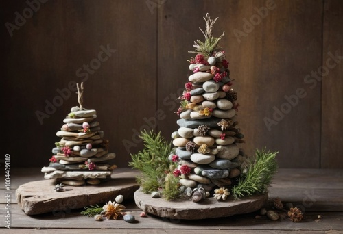 Minimalist zen stone stack christmas tree with glowing star on dark background, spa salon decoration