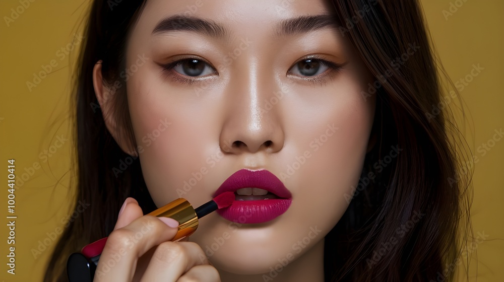 portrait of a asian woman using lipstick portrait of a asian woman using lipstick