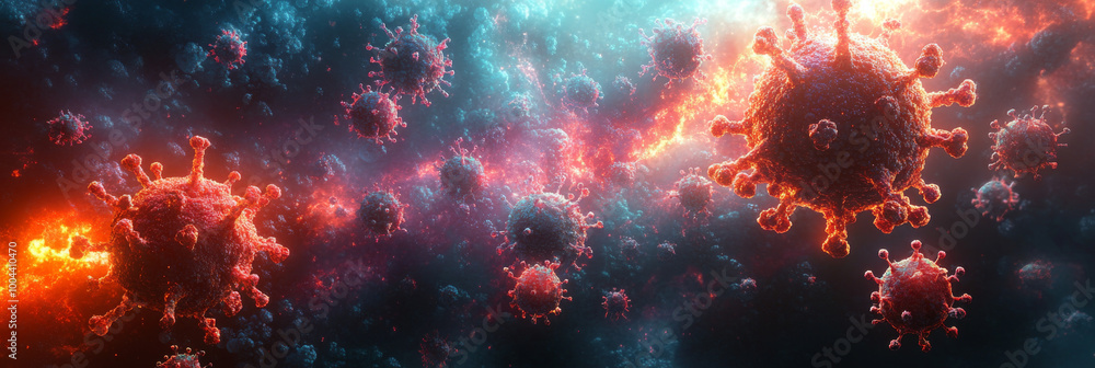 Red and blue virus particles float in a dark space. Red and blue virus particles float in a dark space.