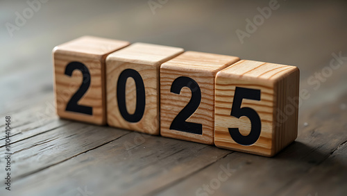 Wooden blocks spell out the year 2025 on a rustic wooden surface, symbolizing new beginnings, future goals, and upcoming events photo