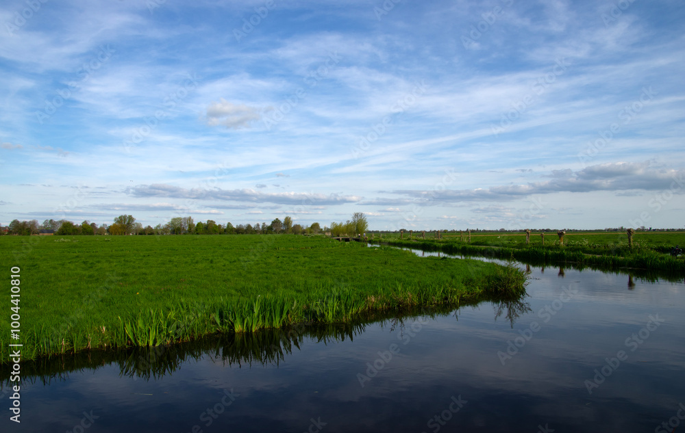 Landscape green meadow and canal with clear water Landscape green meadow and canal with clear water
