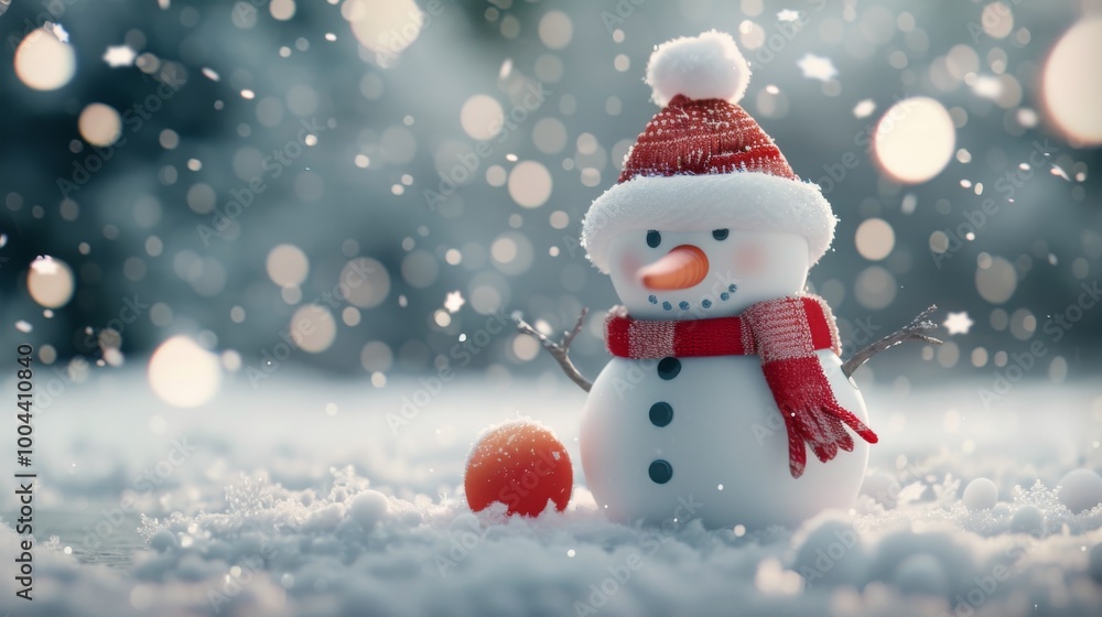 Fototapeta premium Cheerful Snowman With Red Scarf and Hat on Snowy Winter Day