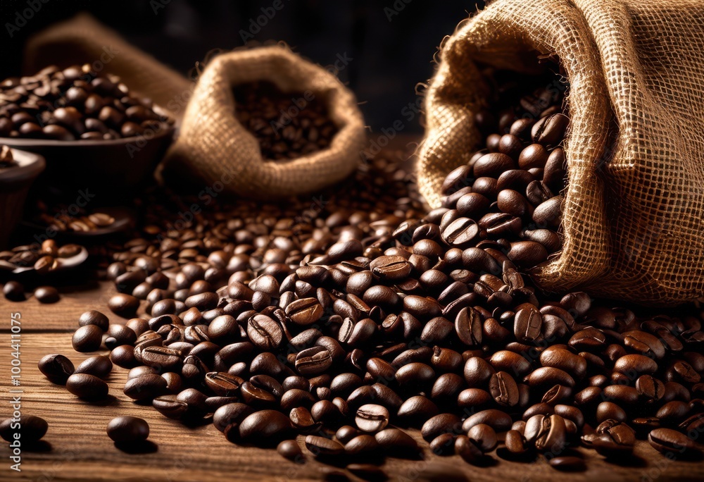 Fototapeta premium overfilled burlap sack drenched rich coffee beans spilling showcasing their glossy surface uneven textures, aroma, caffeine, color, crock, dark, drink