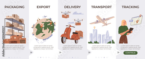 Logistic distribution landing page template set. Good trade and logistics, international delivery. Packaging, export, transport, tracking. Warehousing, transportation, and inventory management