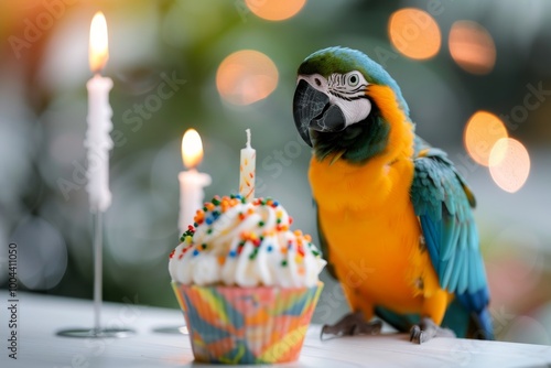 Colorful Parrot Celebrates Birthday With Cupcake and Candle