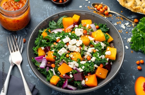 Fresh Kale Salad With Butternut Squash and Feta on Dark Surface