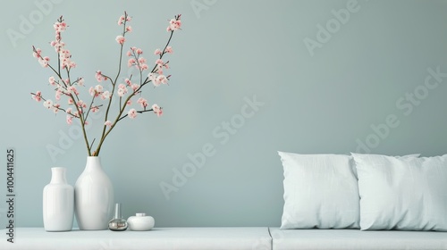 Modern Living Room Decor With Cherry Blossom Branch and Soft Blue Couch in Co...